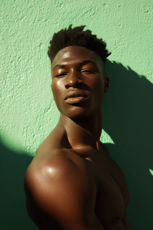 young black man in posing to the camera over a green wall.の素材
