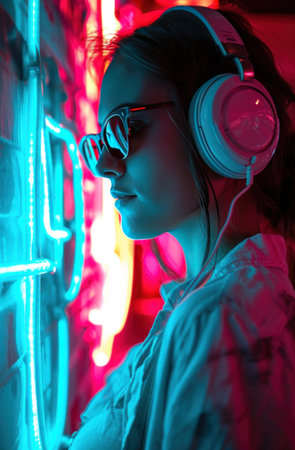 woman with headphones and sunglasses in front of a colorful glowing neon wall.の素材