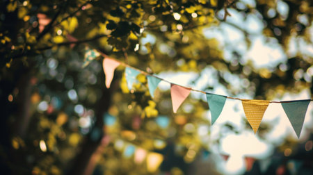 colorful paper buntings hanging in the airの素材