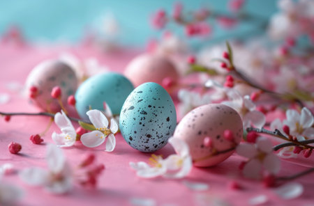 colorful easter eggs surrounded by leaves and berriesの素材