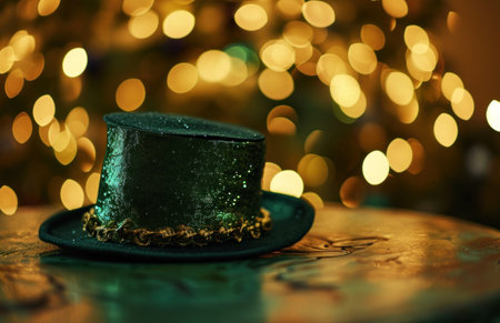 an image of a green hat on the table with a golden background.の素材