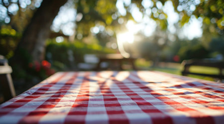 an outdoor dining table with a red and white checkered tablecloth.の素材