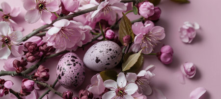an image of a pink floral composition showing flowers and eggs.の素材