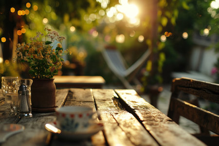 an empty garden table with dinnerware on it.の素材