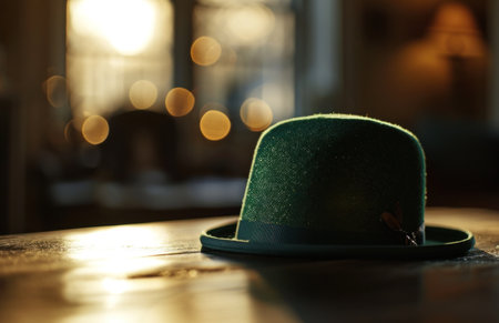 an image of a green hat on the table with a golden background.の素材