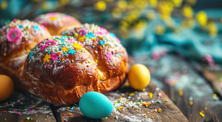an easter bread is decorated with eggs and colored frostingの素材