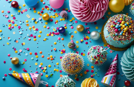 bright colorful birthday decorations on a blue background.の素材