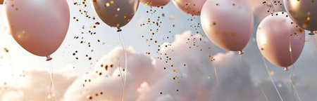 balloons and gold confetti falling from the clouds.の素材