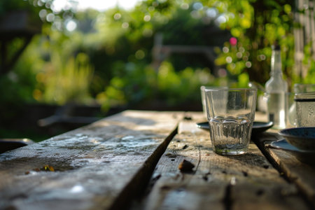 an empty garden table with dinnerware on it.の素材