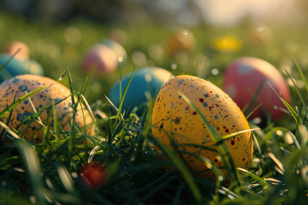 colorful easter eggs lay on the green field.の素材