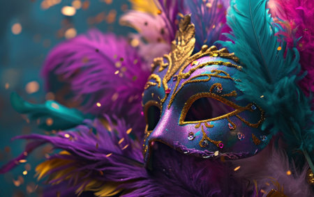 colorful feathers on a purple background of carnival masksの素材
