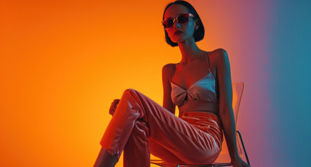 a tall, skinny woman wearing orange pants and sunglasses sits on a chairの素材