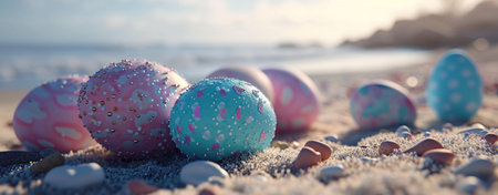 colorful easter eggs surrounded by leaves and berriesの素材