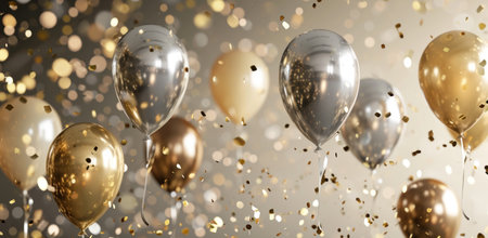 silver and gold balloons floating over a beige background.の素材