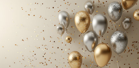 silver and gold balloons floating over a beige background.の素材