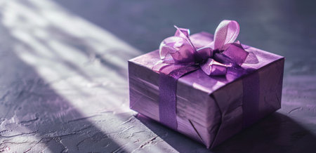 purple gift box on table.の素材