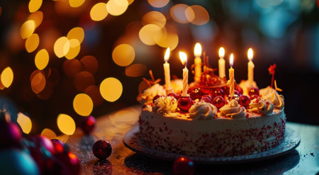 happy birthday cake with candles with red balls on bokeh.の素材