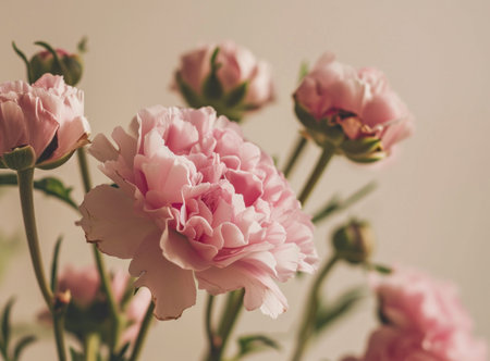 pastel pink flowers against a beige background.の素材