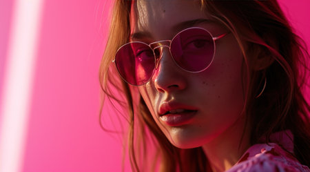 beautiful girl with pink sunglasses on a pink background.の素材