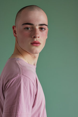 athletic model bald young man wearing a pink shirt posing against green background.の素材