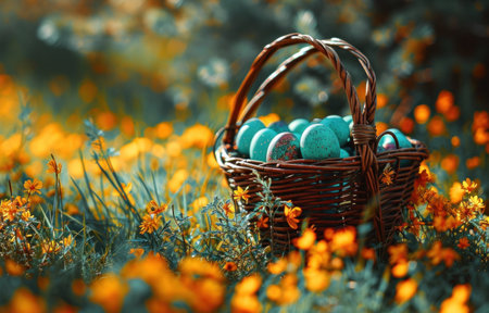 easter egg basket in a field of yellow flowersの素材