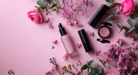 cosmetic make up products on a pink background.の素材