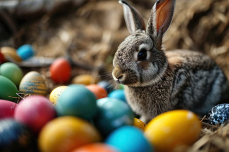 easter bunny and colored eggs near spring flowers.の素材