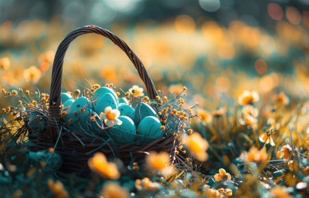 easter egg basket in a field of yellow flowersの素材