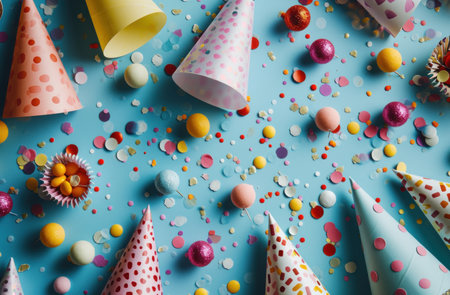 colorful party decorations are laid on a blue backgroundの素材