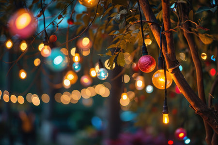 the colorful bulbs hanging from poles on a tree.の素材
