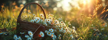picnic basket filled with daisies in the grass and flowersの素材