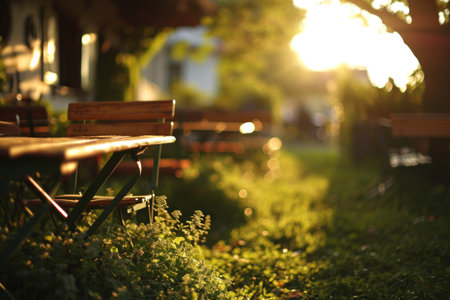 tables on the lawn blurred background sceneryの素材