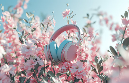 headphones over flowers in the air.の素材