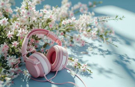 pink headphones surround a blue background with flowersの素材