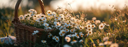 picnic basket filled with daisies in the grass and flowersの素材