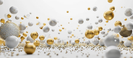 gold balloons are floating in the air on white backgroundの素材