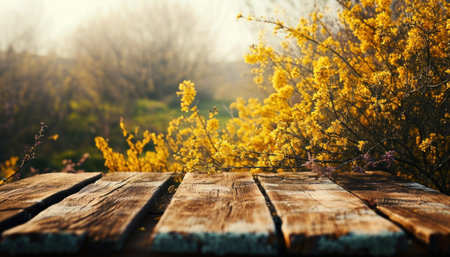 wooden table in a wooded area with spring flowersの素材