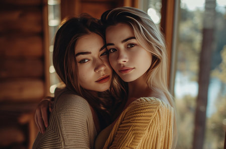 two beautiful females, hugging for a photoの素材