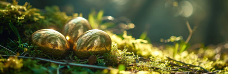 three gold eggs in the grass on a green backgroundの素材