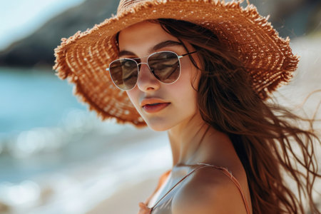 a beautiful girl wearing an oversized hat and sunglasses at a beach.の素材