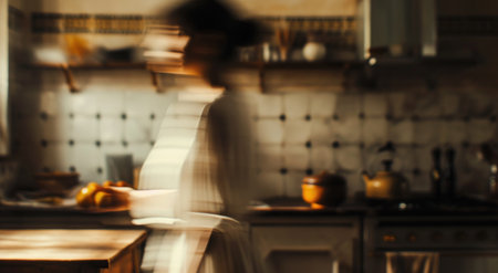 a blurry image of a woman in the kitchen.の素材