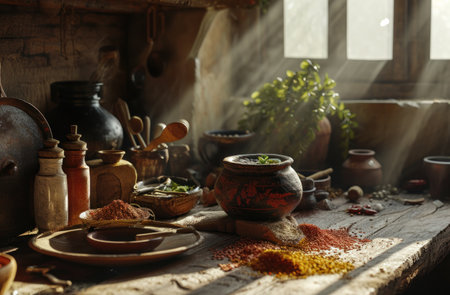 a free cooking scene with spices and pots.の素材