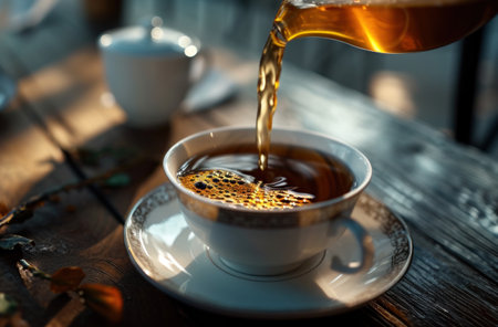 a cup of hot tea was being poured into a white cup.の素材