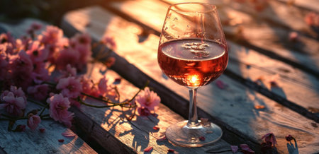 a glass of wine in front of a flower vase.の素材