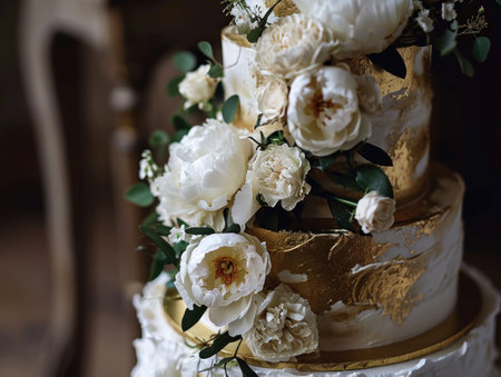 a gold and white wedding cake with white flowers.の素材