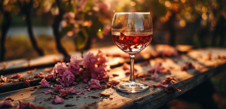 a glass of pink wine with flowers is set in front of a wooden table.の素材