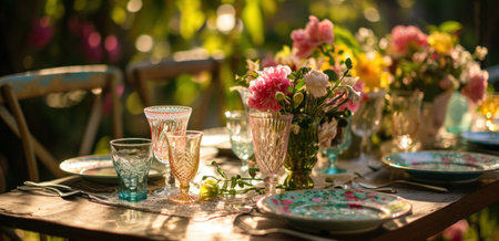 a table set up with glasses and flowers.の素材