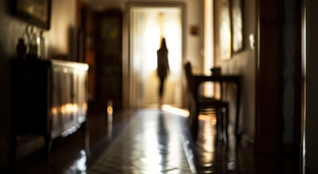 a woman blurred out of the picture, walks down the hallway.の素材