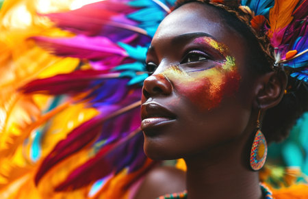 a woman with colorful feathers and at a carnival.の素材