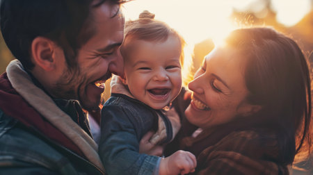 a smiling family holding a toddler smiling in the middle of it.の素材